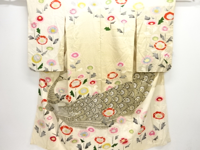 アンティーク　孔雀に花模様一ツ紋着物（重ね衿付）