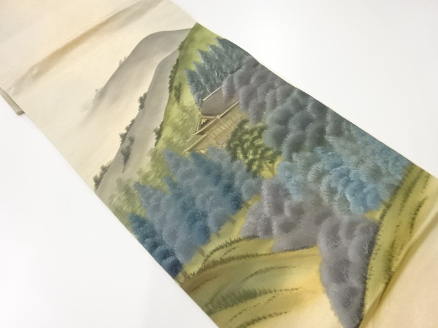 リサイクル　作家物　手描き風景模様袋帯