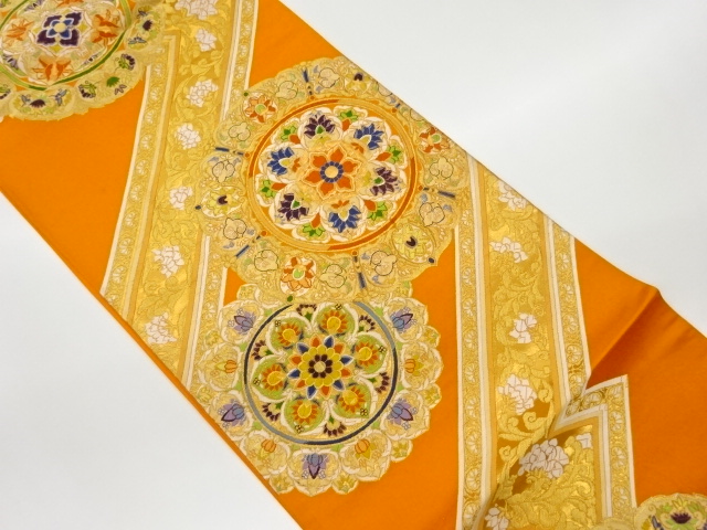 SALE!! JAPANESE KIMONO / VINTAGE  FUKURO OBI / WOVEN FLOWER CREST & FLOWER ARABESQUE