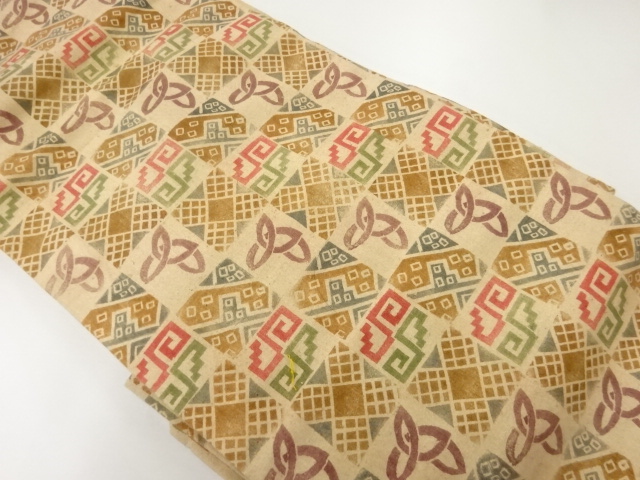 アンティーク　手織り紬市松に抽象模様名古屋帯（着用可）