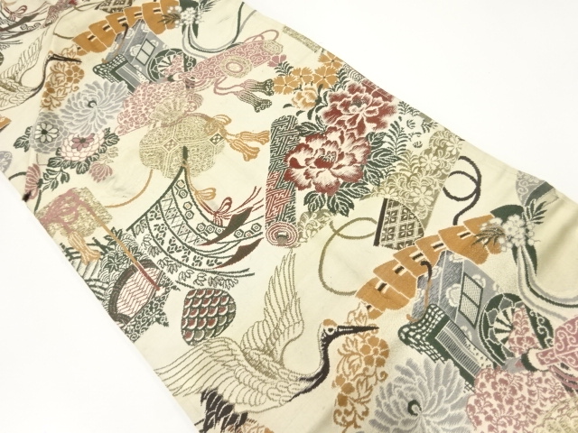 SALE!! JAPANESE KIMONO / ANTIQUE NAGOYA OBI / SILK / WOVEN FOLDING FAN & CARRIAGE & CRANE