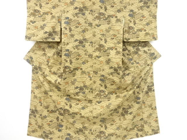SALE!! JAPANESE KIMONO / ANTIQUE KIMONO / SILK / HAND WOVEN TSUMUGI / JIGAMI & FLORAL PLANTS