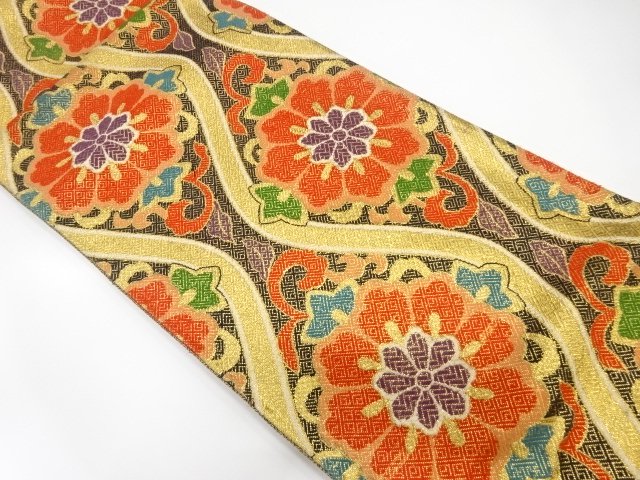 SALE!! JAPANESE KIMONO / FUKURO OBI / SILK / SAGANISHIKI / WOVEN TATEWAKU & FLOWERS