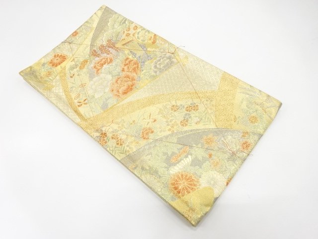 SALE!! JAPANESE KIMONO / UNUSED FUKURO OBI / SILK / SAGANISHIKI / FOLDING FAN & FLOWERS & CARRIAGE