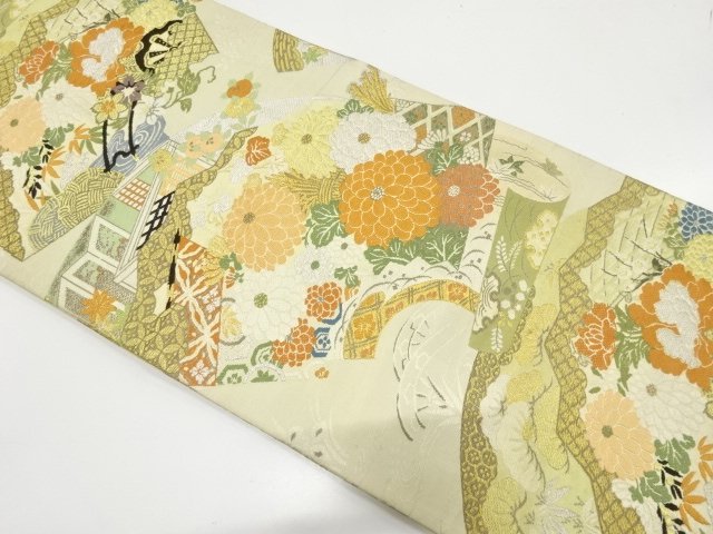 SALE!! JAPANESE KIMONO / ANTIQUE MARU OBI / SILK / WOVEN JIGAMI & FLORAL CART & SCENERY OF MANSION