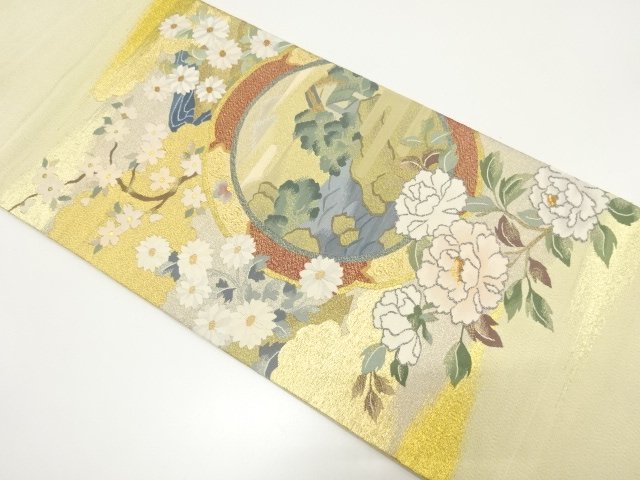 SALE!! JAPANESE KIMONO / FUKURO OBI / SILK / TSUZURE / WOVEN SCENERY & PEONY & SAKURA