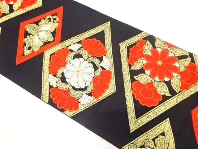 SALE!! JAPANESE KIMONO / ANTIQUE FUKURO OBI / SILK / WOVEN RHOMBUS & KIKU & PAULOWNIA