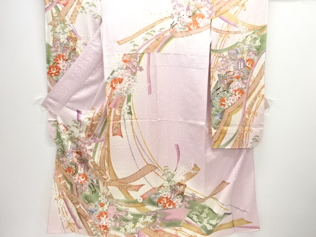 SALE!! JAPANESE KIMONO / HITOE FURISODE / SILK / NOSHI & CARRIAGE & FLORAL PLANTS
