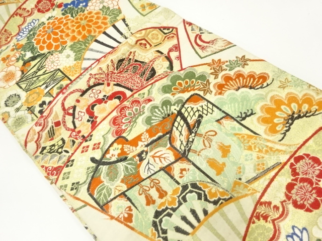 SALE!! JAPANESE KIMONO / ANTIQUE MARU OBI / SILK / WOVEN CARRIAGE & FLOWERS