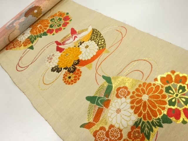 SALE!! JAPANESE KIMONO / ANTIQUE OBIGAWA FOR MARU OBI / WOVEN SPOOL & FLOWERS