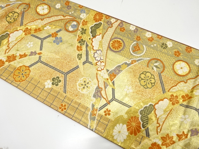 SALE!! JAPANESE KIMONO / FUKURO OBI FOR FURISODE / SILK / WOVEN SNOWFLAKE & FLOWERS & CLASSICAL PATTERN