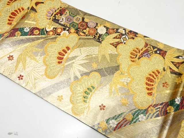 SALE!! JAPANESE KIMONO / UNUSED FUKURO OBI FOR FURISODE / SILK / WOVEN KASAMATSU & BAMBOO GRASS & CLASSICAL PATTERN