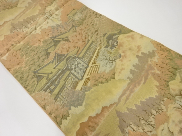 SALE!! JAPANESE KIMONO / VINTAGE FUKURO OBI / WOVEN TEMPLE SCENERY / BY MANYO
