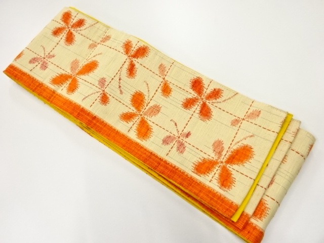 アンティーク　手織り紬格子に葉模様織出し半幅帯（材料）