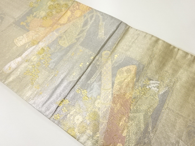 SALE!! JAPANESE KIMONO / VINTAGE FUKURO OBI / WOVEN SCROLL & FLORAL PLANTS