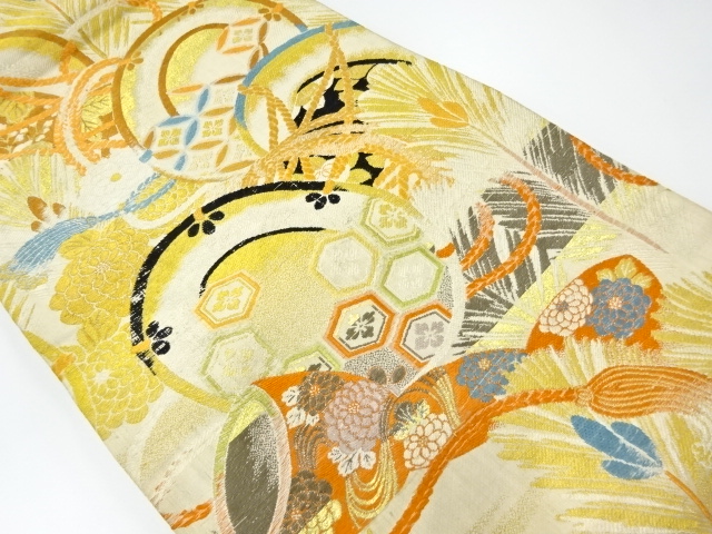 SALE!! JAPANESE KIMONO / ANTIQUE MARU OBI / WOVEN YOUNG PINE & DRUMS