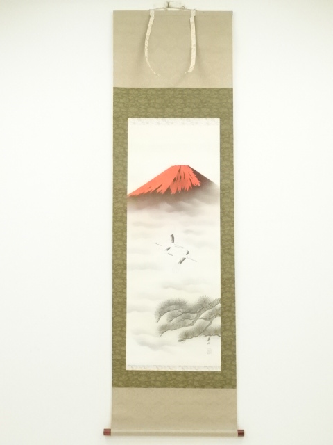 SALE!! JAPANESE HANGING SCROLL / HAND PAINTED / RED Mt.FUJI 